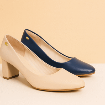 נעלי עקב לונה בצבע כחול כהה ובז’ – עיצוב חלק עם עקב עבה 5 ס"מ לנוחות ואלגנטיות