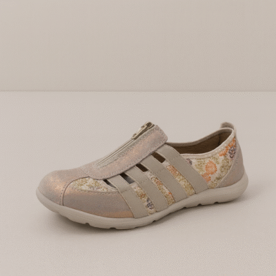 נעלי גלוריה ZIP בצבע טבעי עם עיצוב פרחוני ורוכסן קדמי – נעל אורטופדית לנשים מבית Glove Comfort.